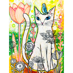 原画 北欧アート『猫と青い鳥』 おしゃれ モダンアート 現代アート ねこ cat 絵画 オレンジ 小鳥  SMサイズ 2枚目の画像