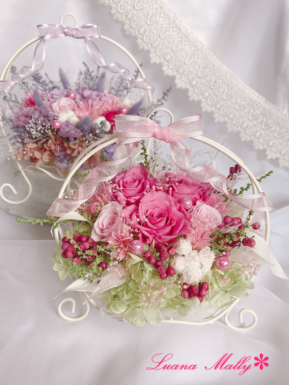 【creema限定】Luana Mally✽ 上品なで華やかなワイヤー花かご　ローズピンク　小 1枚目の画像