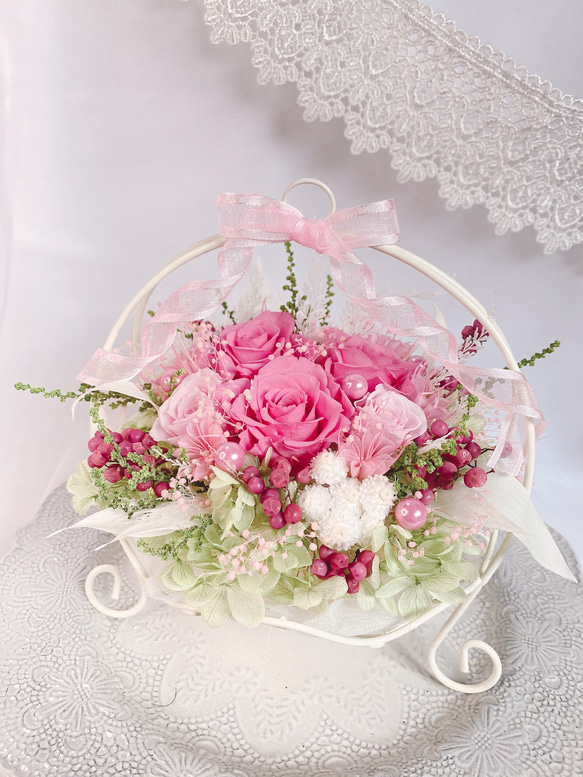 【creema限定】Luana Mally✽ 上品なで華やかなワイヤー花かご　ローズピンク　小 5枚目の画像