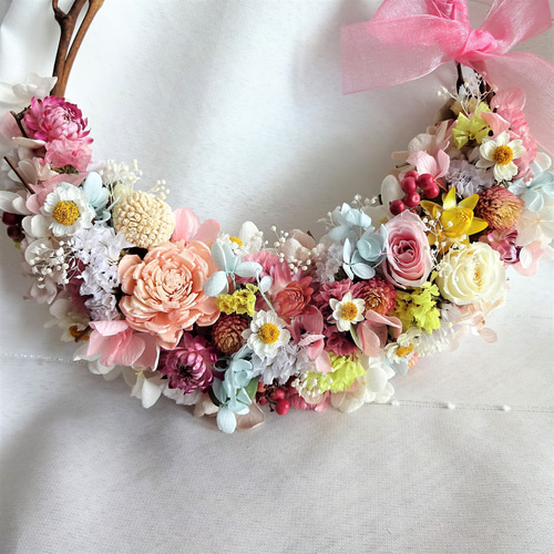 No131  ちょっぴりお姉さんの大人可愛いフラワーリース✲*゜ 花摘みリース（プリザ＆ドライフラワー） リース chloe misaki 通販
