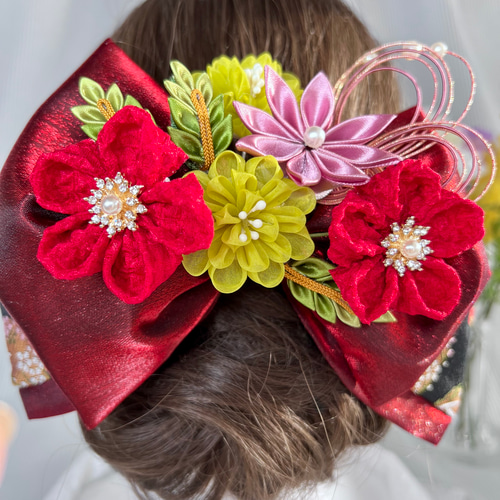 洋風つまみ細工髪飾り【西陣織×レッドブラック色×イエロー色