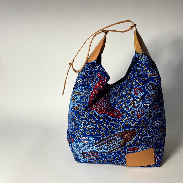 ［Epidote]African print × Real leather  bigbag #blue 1枚目の画像