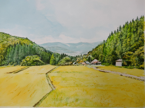 絵画 水彩画 風景画 画題「_穂実る青鬼集落」 新作登場，定番人気