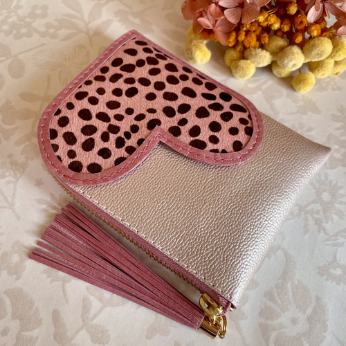 ミニ財布 コンパクト L字ファスナー ♡ ハートモチーフ ♡ ハラコ  