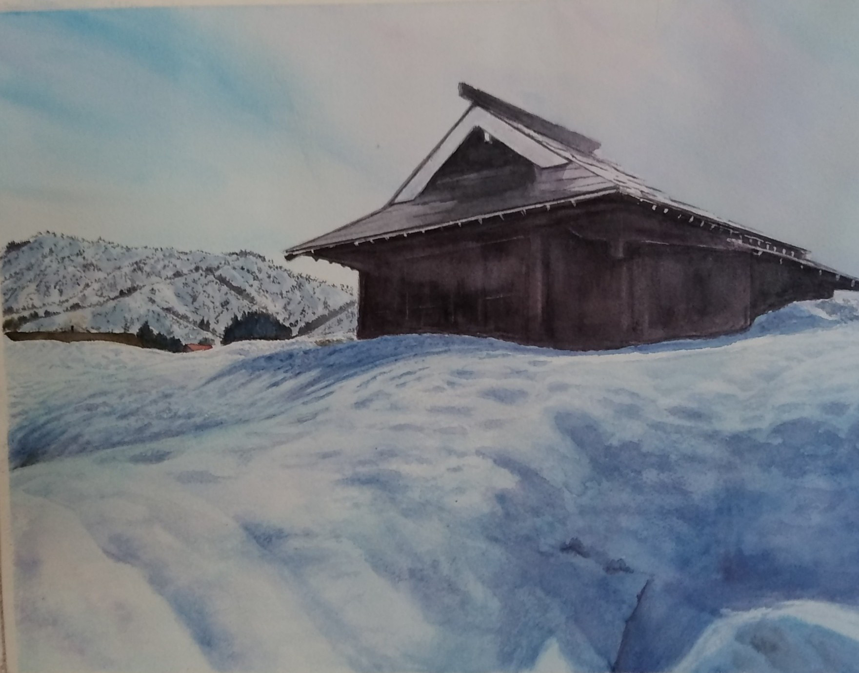 水彩画   残雪風景 Susumu Yoshida | 田植え前の鳥海山 水彩画 残雪の鳥海山と
