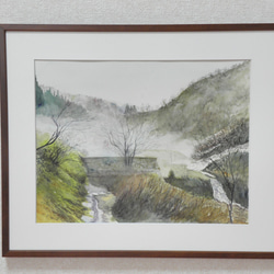 絵画　水彩画　風景画　画題「霧中の川堰」 2枚目の画像