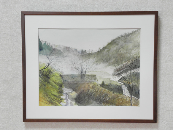 絵画　水彩画　風景画　画題「霧中の川堰」 2枚目の画像