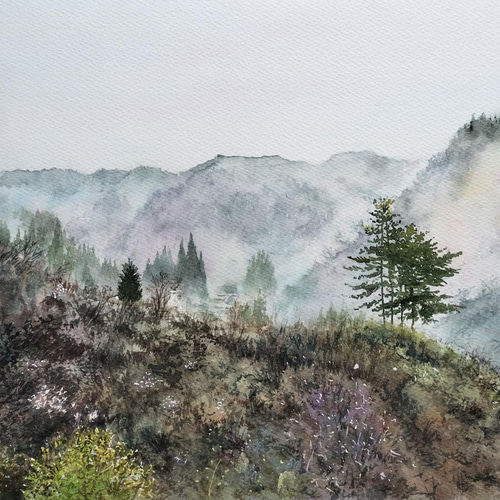 絵画 水彩画 風景画 画題「幻想の山古志（木立）」 絵画