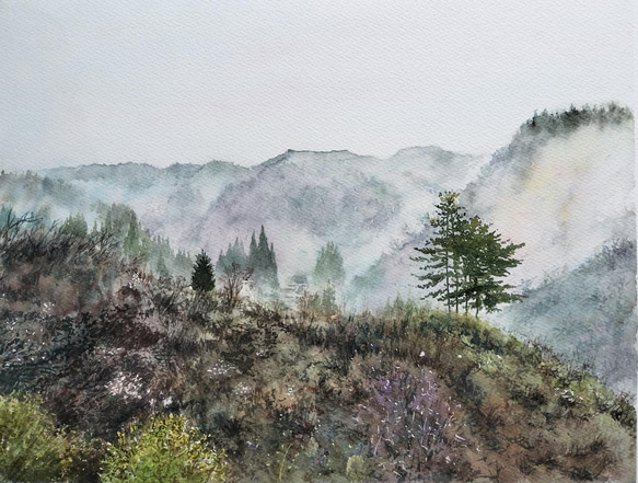 絵画 水彩画 風景画 画題「幻想の山古志（木立）」 絵画