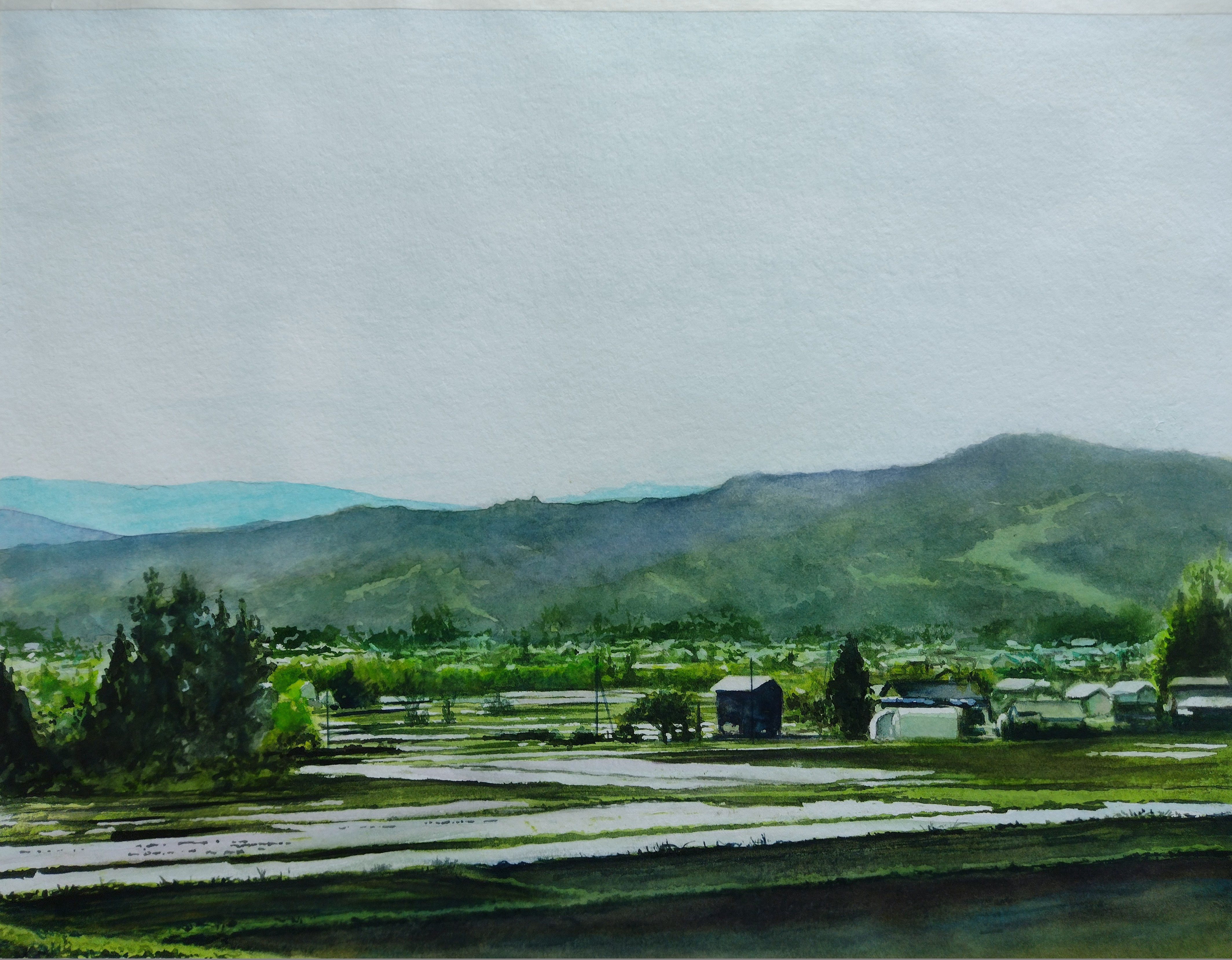 絵画　水彩画　風景画　画題「早朝の魚沼」