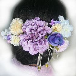 髪飾り 成人式 卒業式 花 ダ*リ*アrbとバラ 紫 振袖 袴 和装 着物 かんざし 1枚目の画像