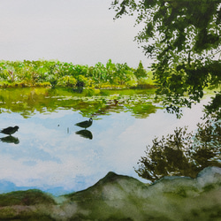 絵画　水彩画　風景画　画題「沼に浮かぶシルエット」 1枚目の画像