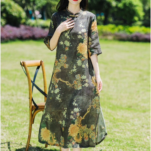 リネン100% シャツ ワンピース 長袖 ロングワンピース 服普段