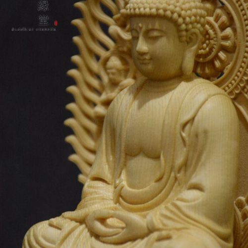 木彫り 仏像 釈迦如来座像 釈迦牟尼仏 彫刻 一刀彫 天然木檜材 CS 彫刻
