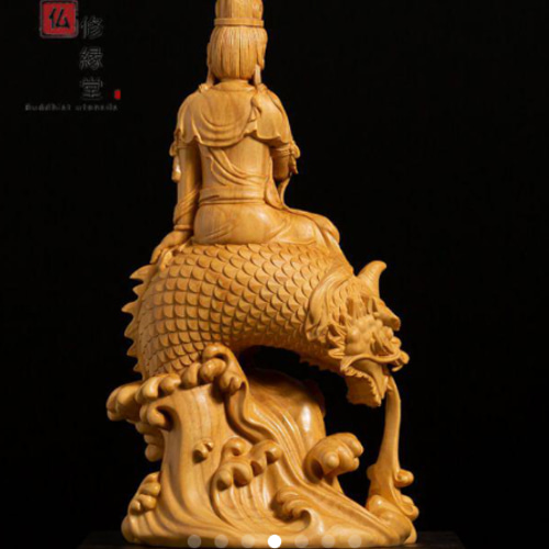 修縁堂】木彫仏像 鰲魚自在観音菩薩立像 仏教工芸品 柘植材