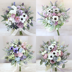 白アネモネ×ピンク×水色×紫クラッチブーケ☆ブートニア 白アネモネ×ピンク×紫×水色クラッチブーケ☆ブートニア 白