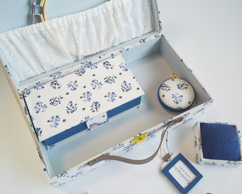 カルトナージュミニ裁縫箱(フタ有) トランク型お裁縫箱とお裁縫道具のセット（ カルトナージュ、ブルー