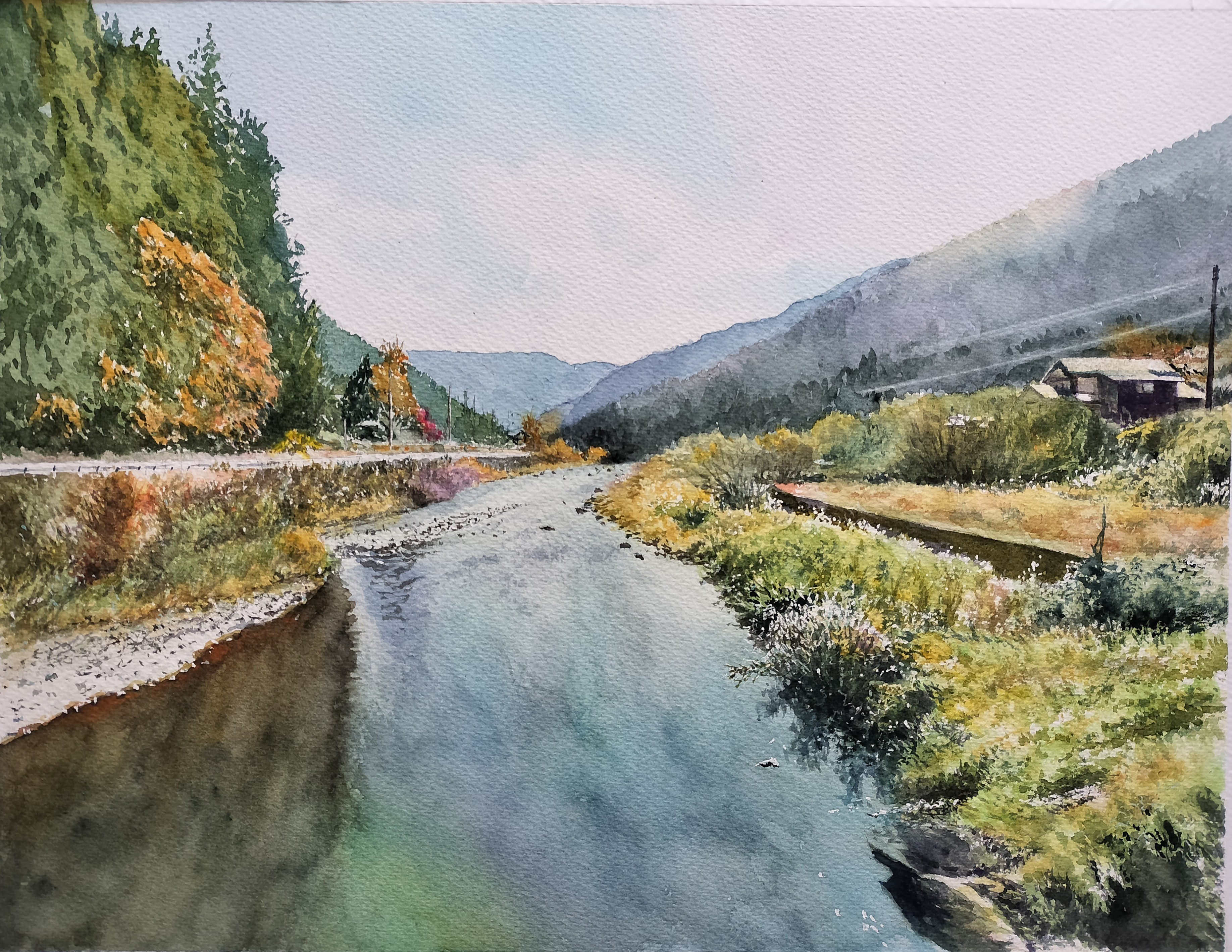 絵画 水彩画 風景画 画題「晩秋の川を照らす」 ※値下げしました 