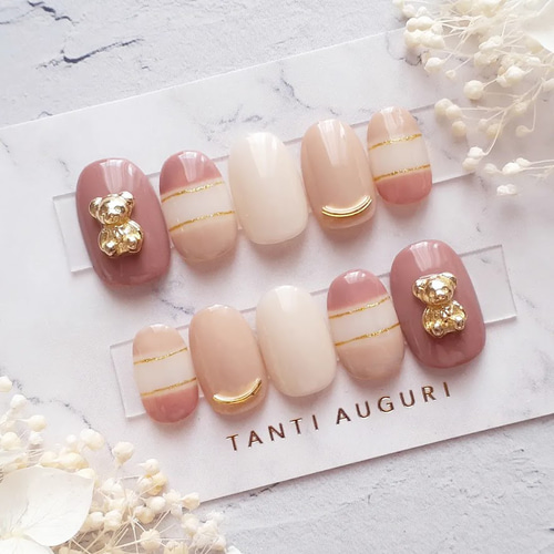 ネイルチップ♡フルオーダー♡即購入❌ サイズオーダー】くまパーツ付きブラウントリコロールネイルチップ