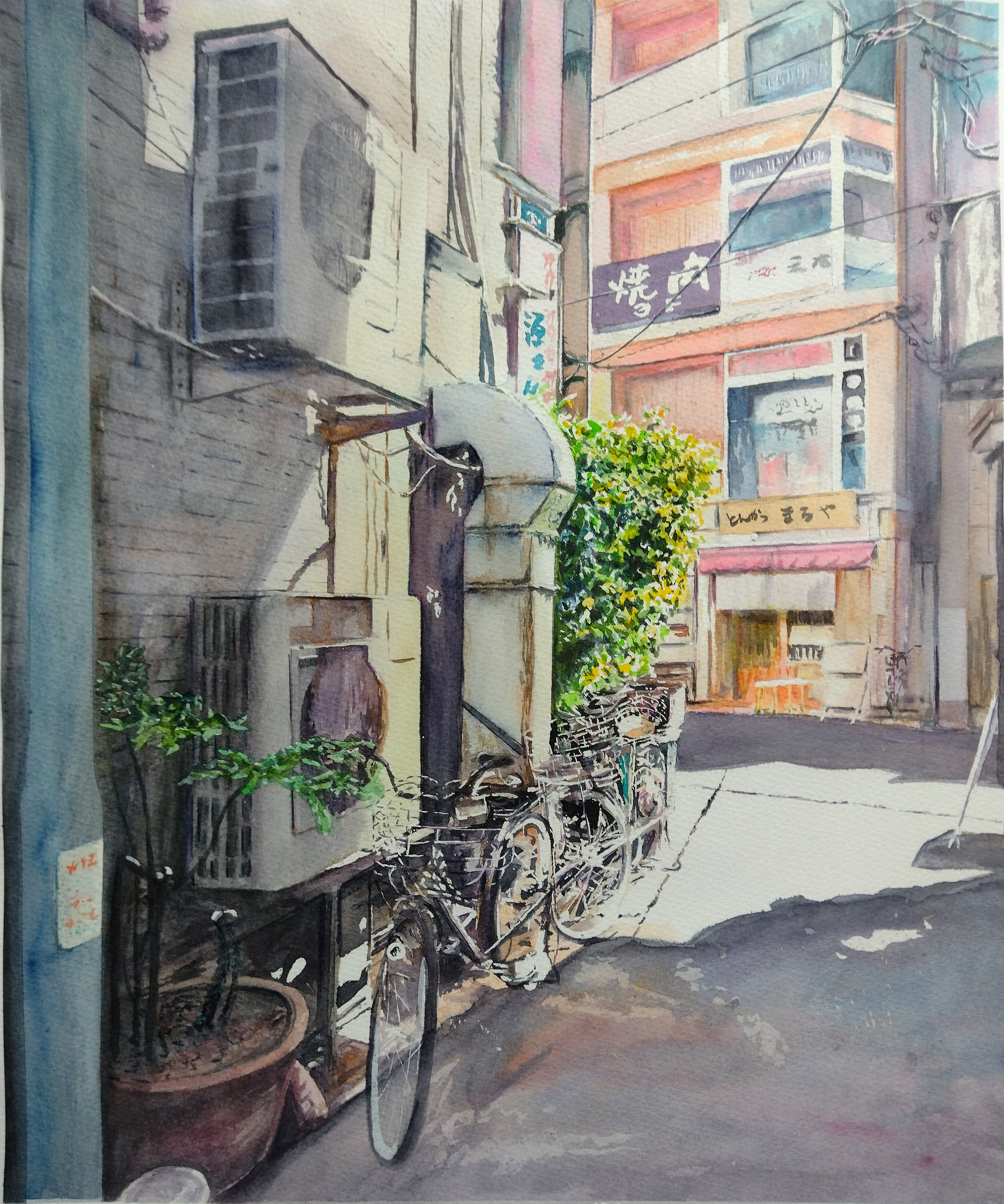 絵画 水彩画 風景画 画題「路地裏の陽射し」 絵画 yamakasumi56