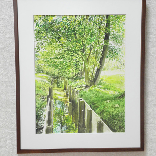 昭和レトロ 日本画 水彩画 風景画 自然 田畑 山林 木製 フレーム 額縁 額装 水彩画 風景画 木製フレーム付き - メルカリ