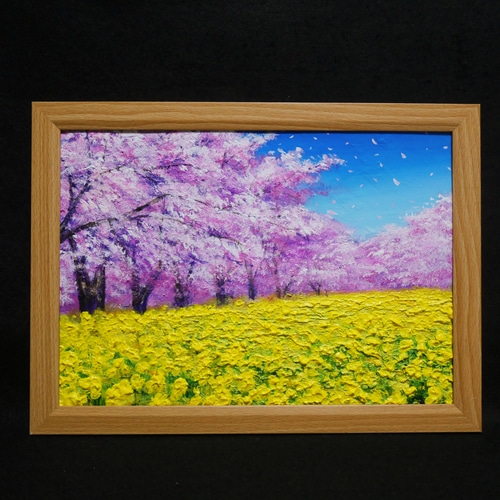 油絵 油彩 油彩画 絵画 絵【桜と菜の花】 絵画 HR 通販