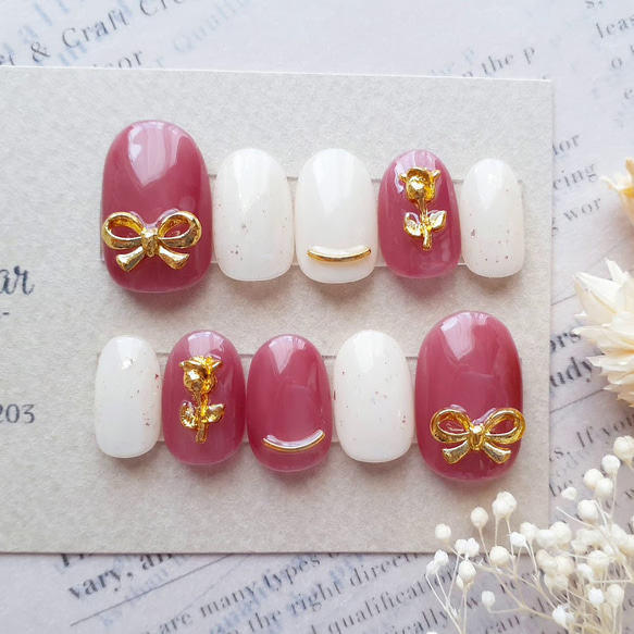 サイズオーダー】チューリップとリボンの上品ボルドー×ホワイトネイル