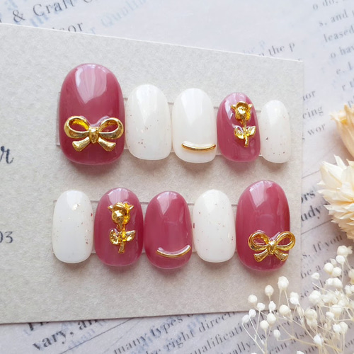 サイズオーダー】チューリップとリボンの上品ボルドー×ホワイトネイル