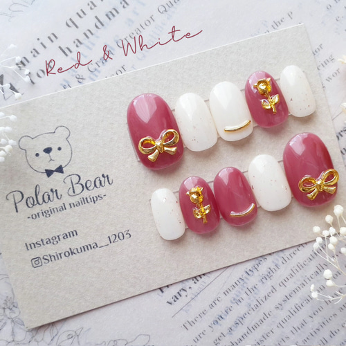 サイズオーダー】チューリップとリボンの上品ボルドー×ホワイトネイル