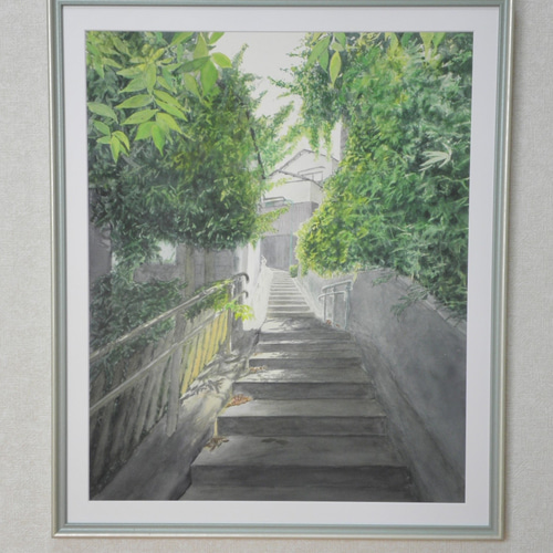油彩画 階段と緑の風景色紙サイズ　フレームなし 絵画 油彩 ミニ色紙絵 「緑の湖」 | iichi 日々の暮らしを心地よくする