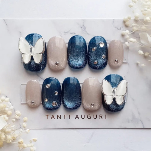 ネイビーマグネット♡ネイルチップ うるうる夜空の星ネイビーマグネットネイルチップ/付け爪/韓国/短め