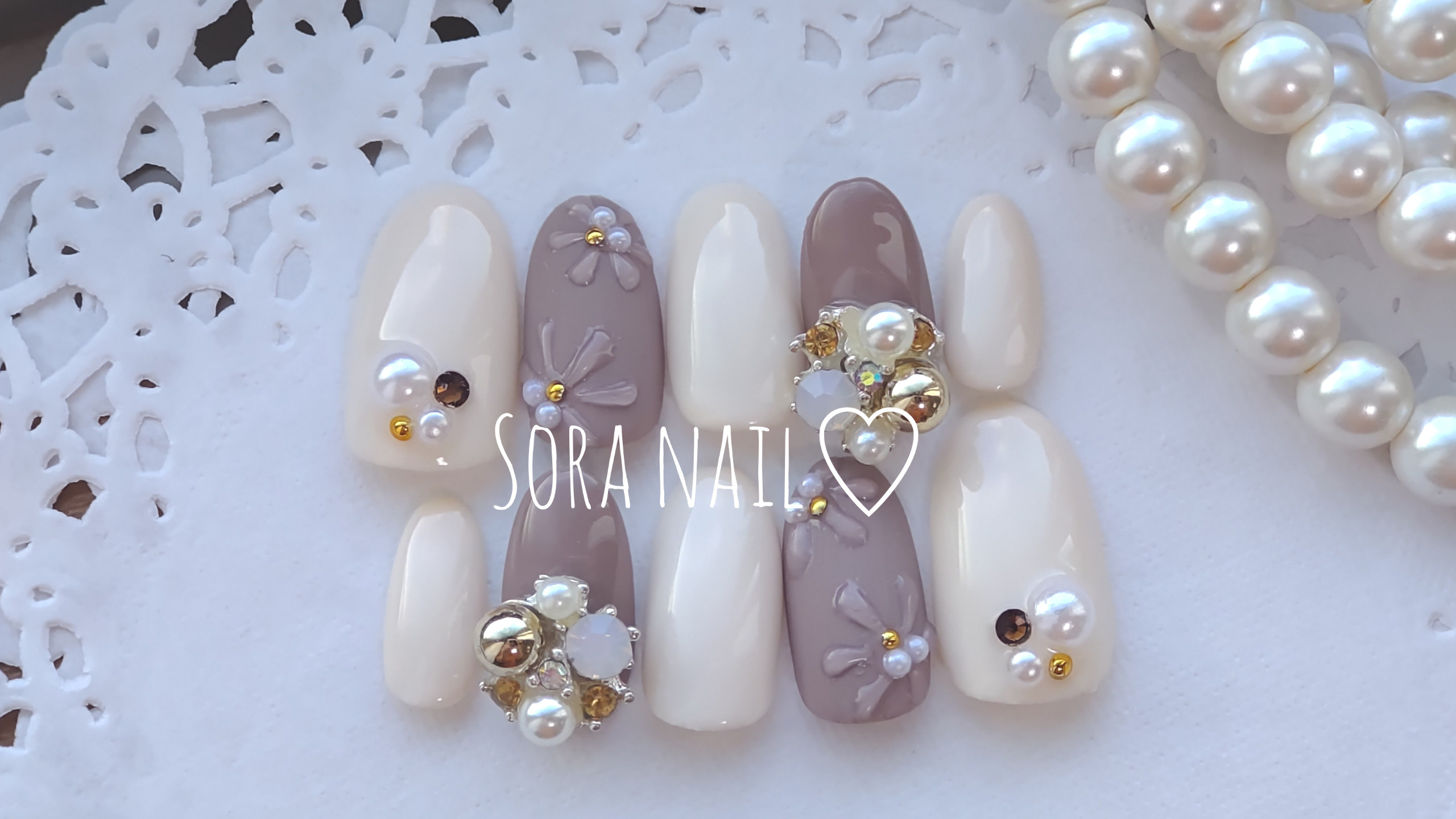 グレージュ フラワー ネイルチップ 現品限り☆グロスフラワー♡シナモン&グレージュ♡ジェルネイル