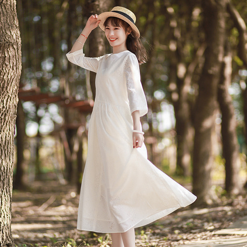 リトアニアリネン　白　ワンピース　作家 リネン100% シャツ ワンピース 長袖 ロングワンピース 服普段