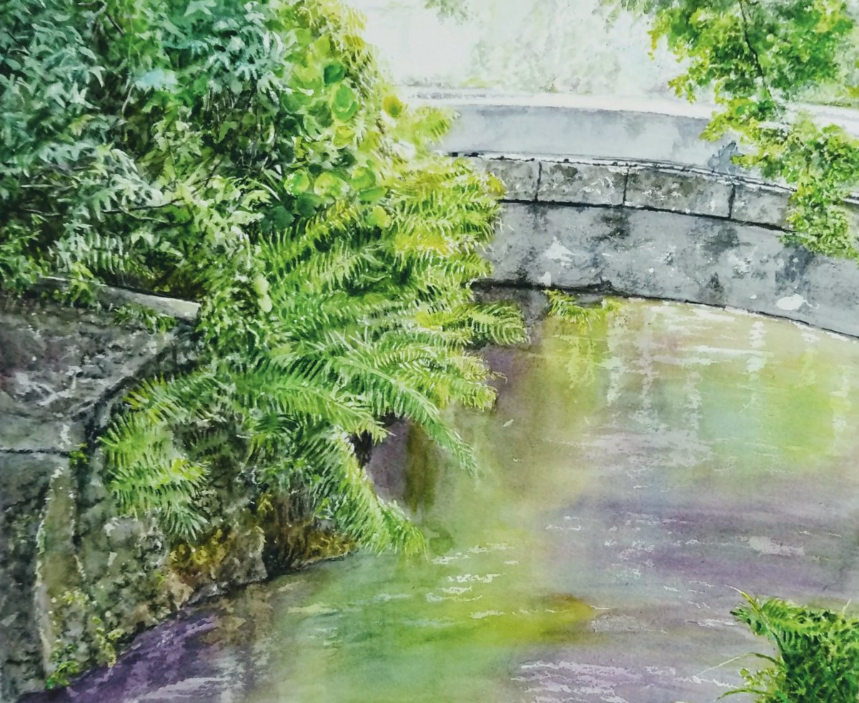 絵画 水彩画 風景画 画題「水路の小さな石橋」 絵画