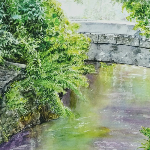 絵画 水彩画 風景画 画題「水路の小さな石橋」 絵画