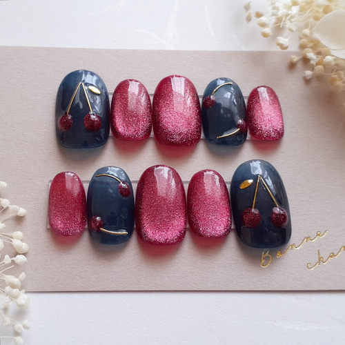 サイズオーダー】ネイビー×レッド チェリーマグネットネイルチップ  