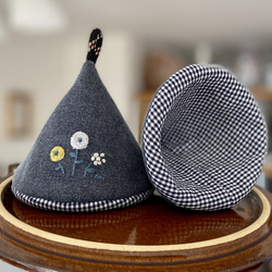 鍋つかみ/ストウブ/ル・クルーゼ/土鍋/円錐型/三角/手刺繍/リネン