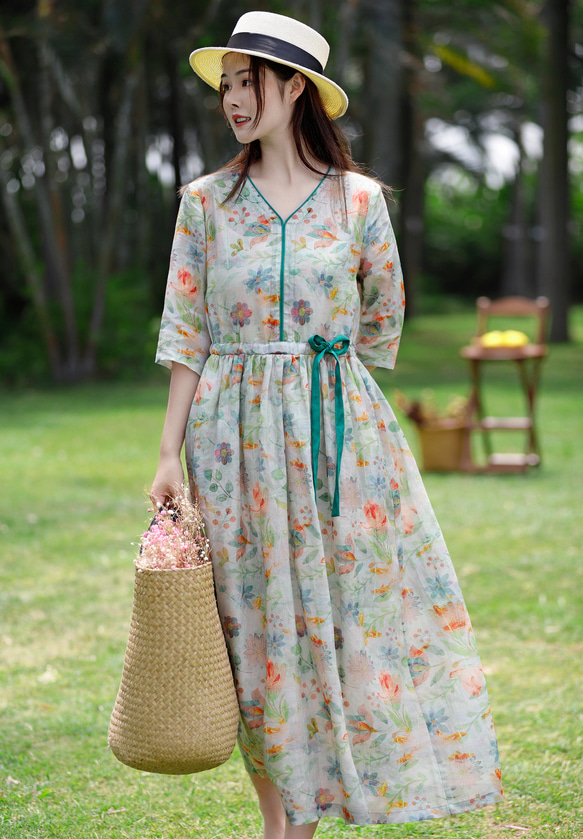 ハンドメイド　リネン100 % ロングワンピース リネン100% シャツ ワンピース 長袖 ロングワンピース 服普段