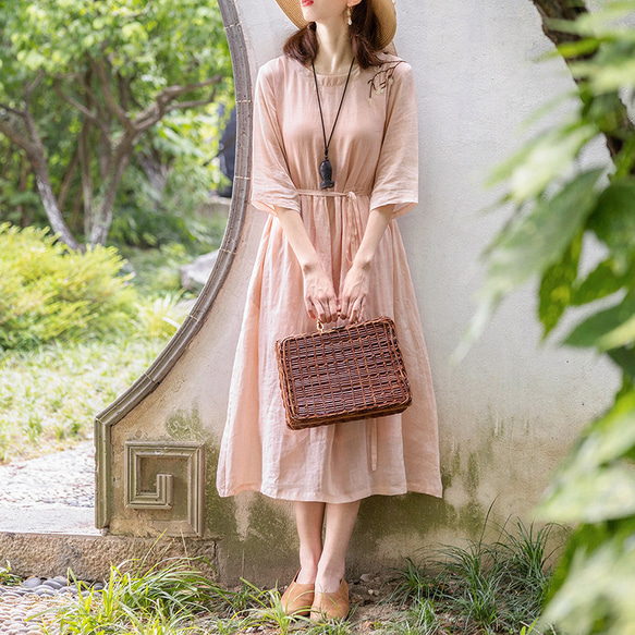 七分袖 ロングワンピース リネン100% 天然素材 春服 春物 チャイナ 