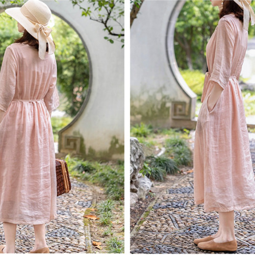 七分袖 ロングワンピース リネン100% 天然素材 春服 春物