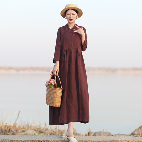 リネン100% シャツ ワンピース 長袖 ロングワンピース 刺繍 リネン