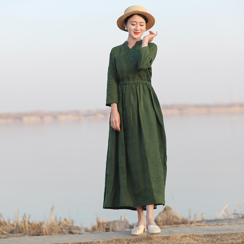 リネン100% シャツ ワンピース 長袖 ロングワンピース 刺繍 リネン