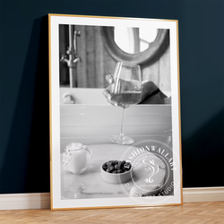 リラックス モノトーン バスルーム ワイングラス / インテリアポスター 海外アート /4691 1枚目の画像