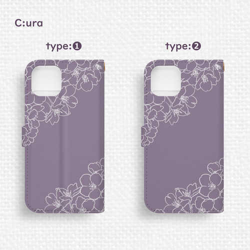 さくら咲くiPhone手帳型スマホケース パープル 全機種対応 線画 春 桜