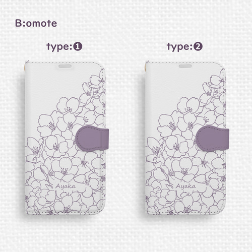 さくら咲くiPhone手帳型スマホケース パープル 全機種対応 線画 春 桜