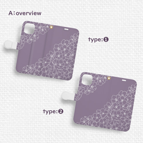 さくら咲くiPhone手帳型スマホケース パープル 全機種対応 線画 春 桜
