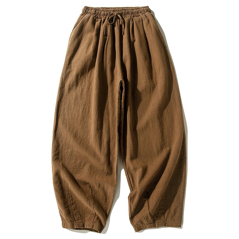 綿麻パンツ　中厚ロングパンツ　ゆとりパンツ　ゴムウエスト＋紐　こげ茶色　 L146BR