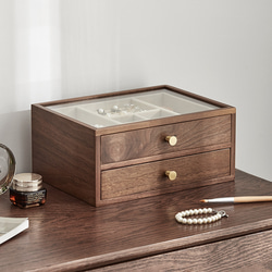 かごかご、ジュエリーボックス引き出し5段、ウォールナットカラー おしゃれなアクセサリーボックス 5段小引き出し 扉付き 両開き