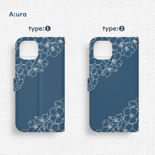 さくら咲くiPhone手帳型スマホケース ネイビーブルー 全機種対応 春 桜