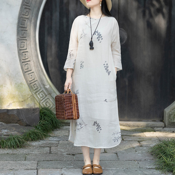 リネン100% 麻本物 ロングワンピース 綿麻 チャイナドレス風